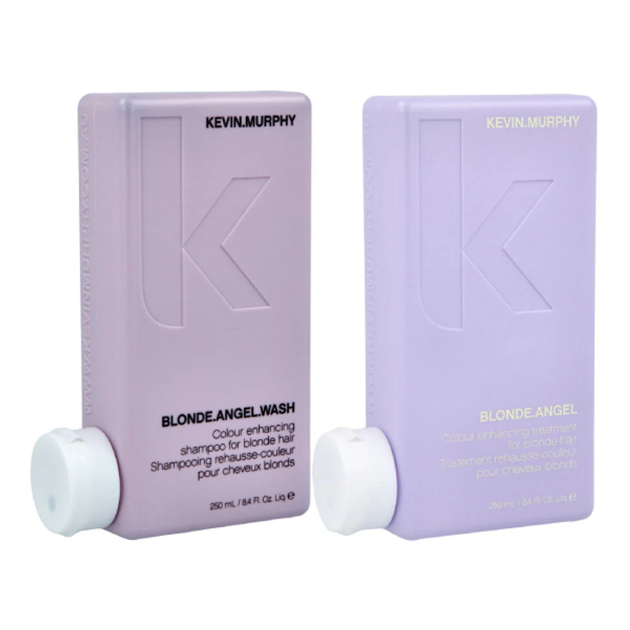 Blonde Angel wash & treatment duo, purple pouches with white caps