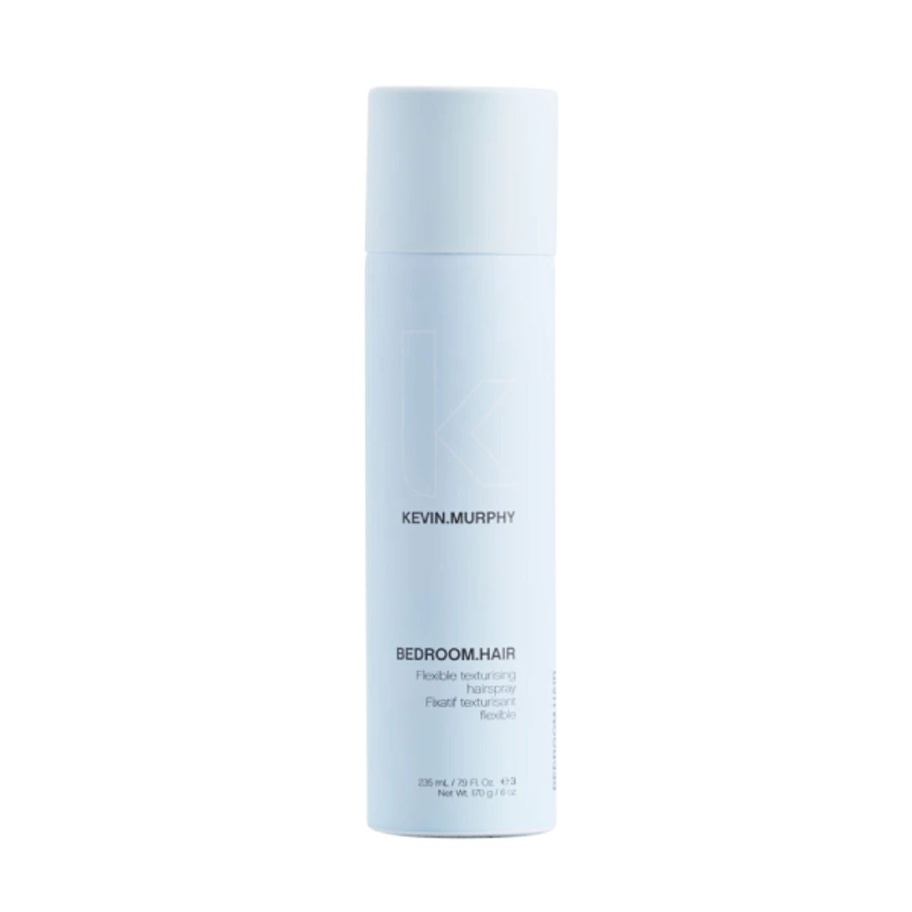 Hair styling spray bottle with light blue label and white cap, Kevin Murphy Bedroom Hair 250ml