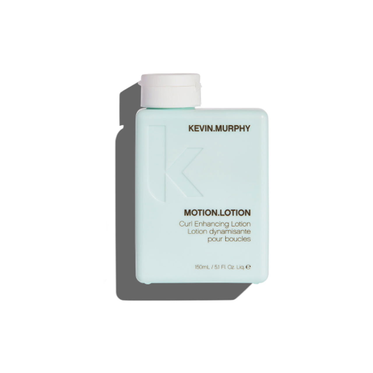 Kevin Murphy Motion Lotion bottle, turquoise with white cap and clear label