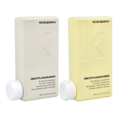 Hair smoothing wash and rinse pouch bundle, white and pale yellow with caps