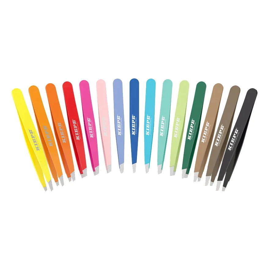 Kiepe K-tweezers row with multicolor handles and pointed slanted tips