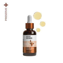 Glow boosting facial oil bottle with dropper, amber glass and brown label.