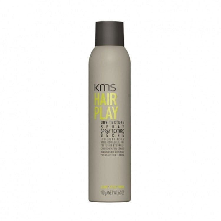 KMS Hair Play dry texture spray bottle, matte black cap on cream bottle