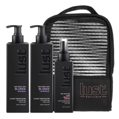 LUST blonde haircare gift set with shampoo, conditioner, and beauty cream plus zip pouch