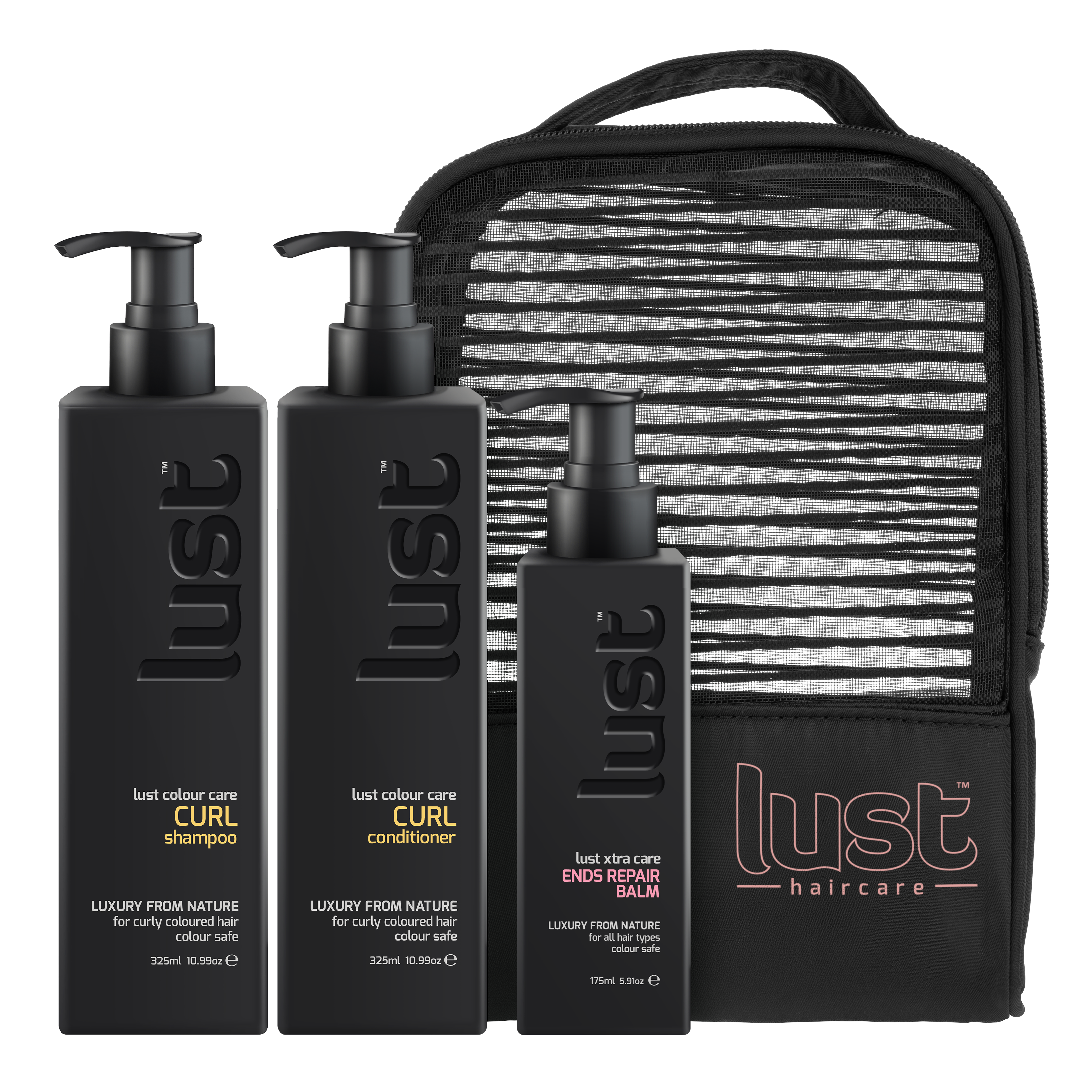 Haircare curl gift set with black shampoo, conditioner, ends balm, and striped travel pouch