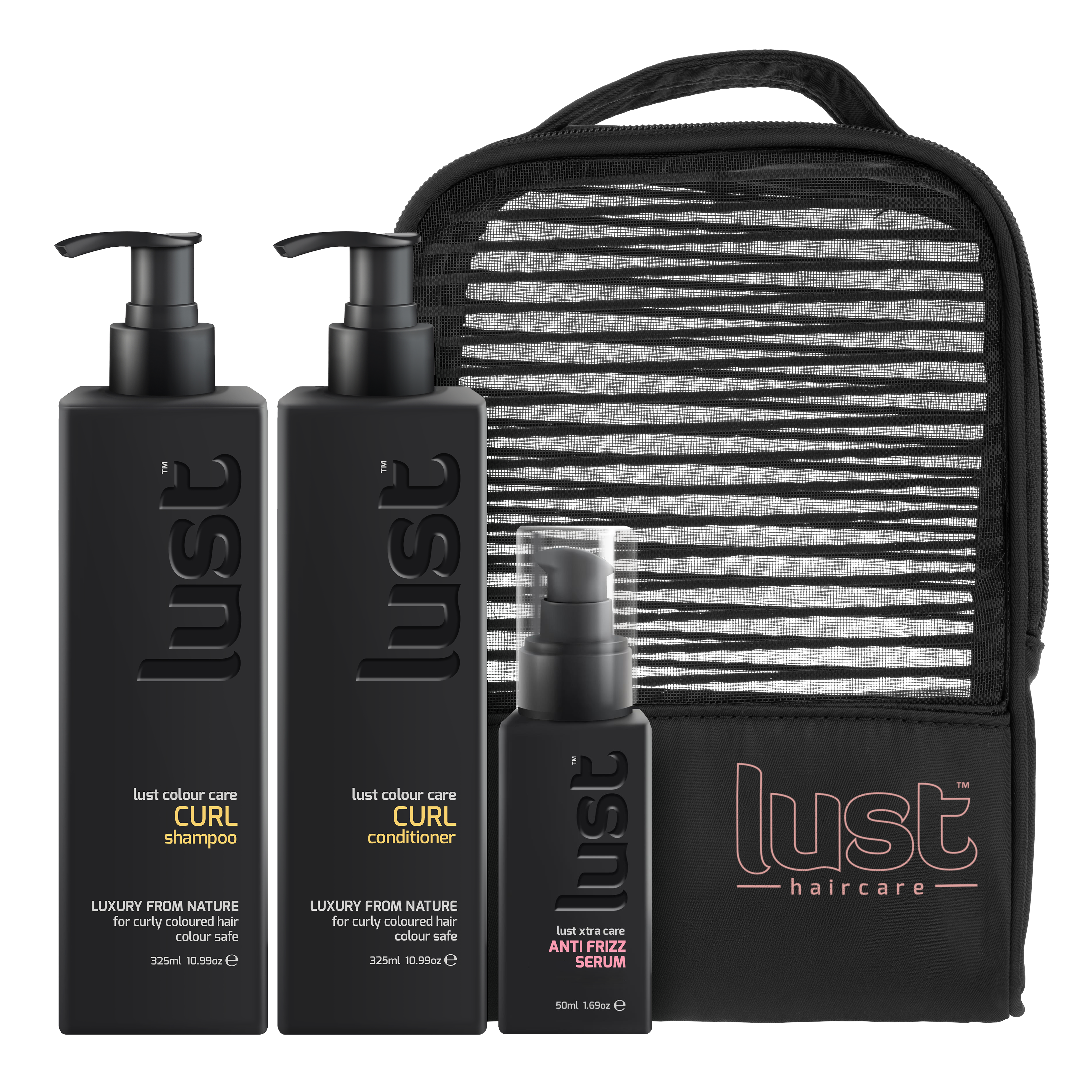 LUST haircare curl gift set: shampoo, conditioner, serum, zip pouch