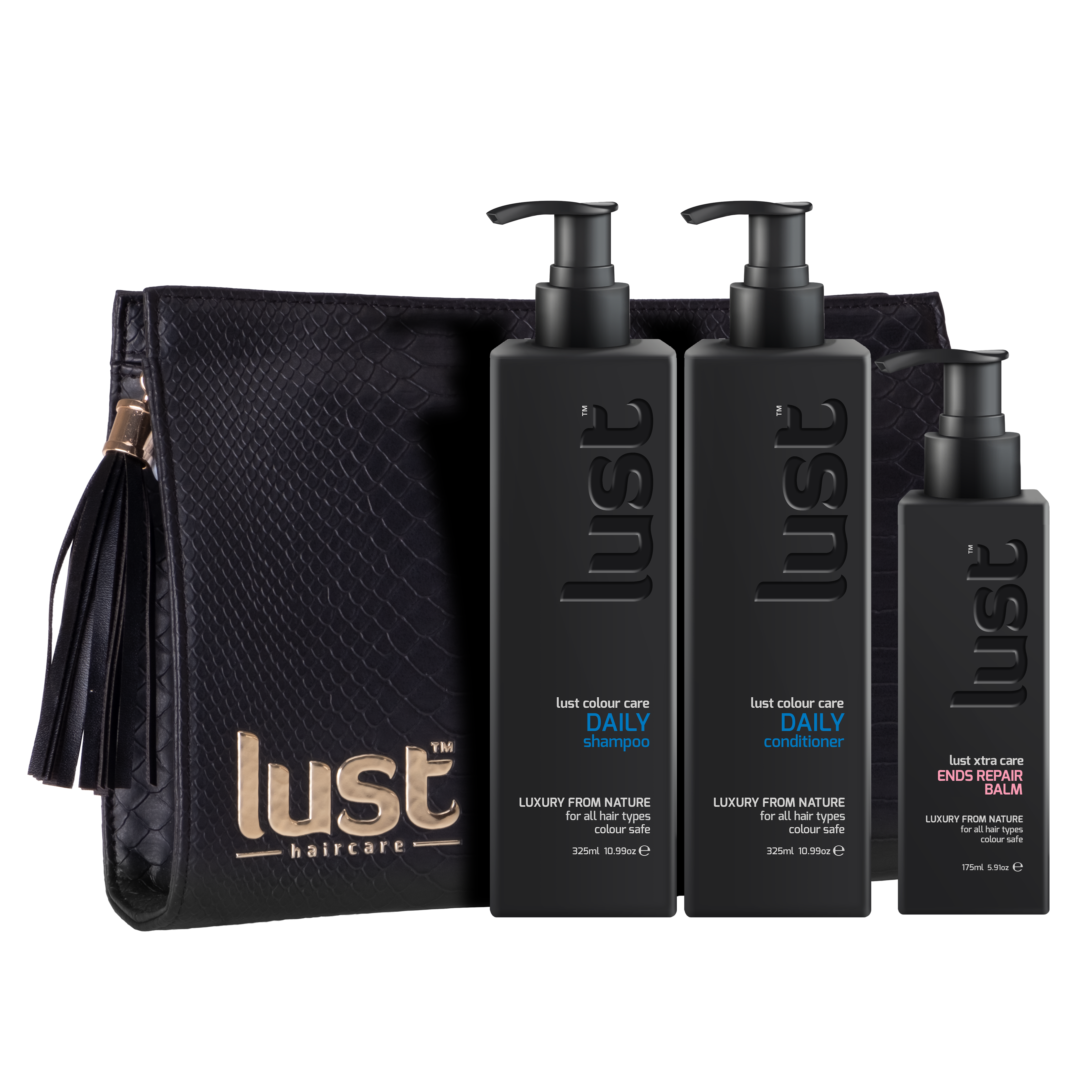 Hair care trio pack with black bottles and black zip pouch