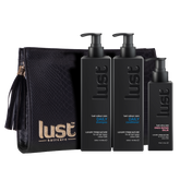 Hair care trio pack with black bottles and black zip pouch