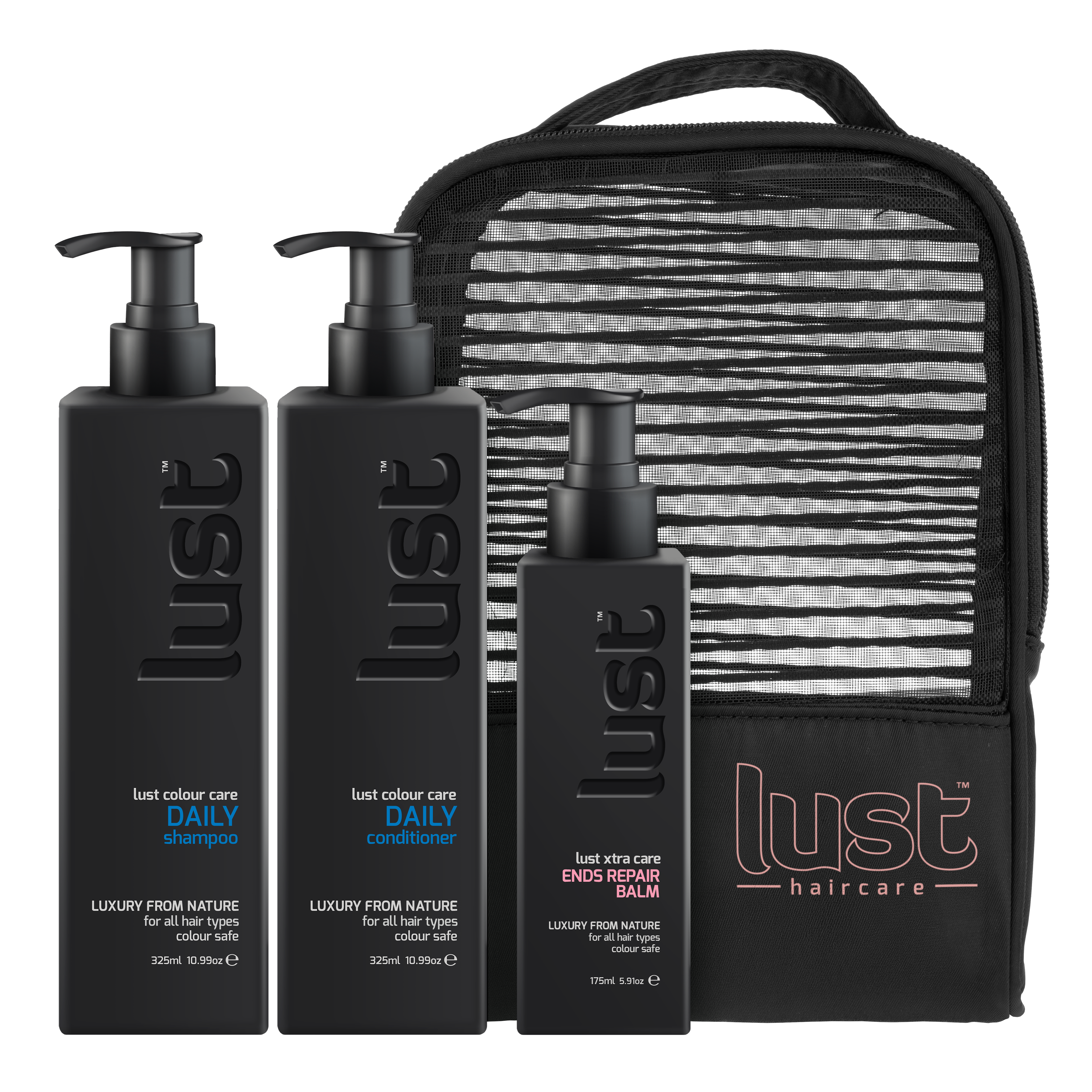 LUST haircare gift set with shampoo, conditioner, balm bottles and pouch