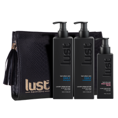 Hair care trio pack with black bottles and black zip pouch
