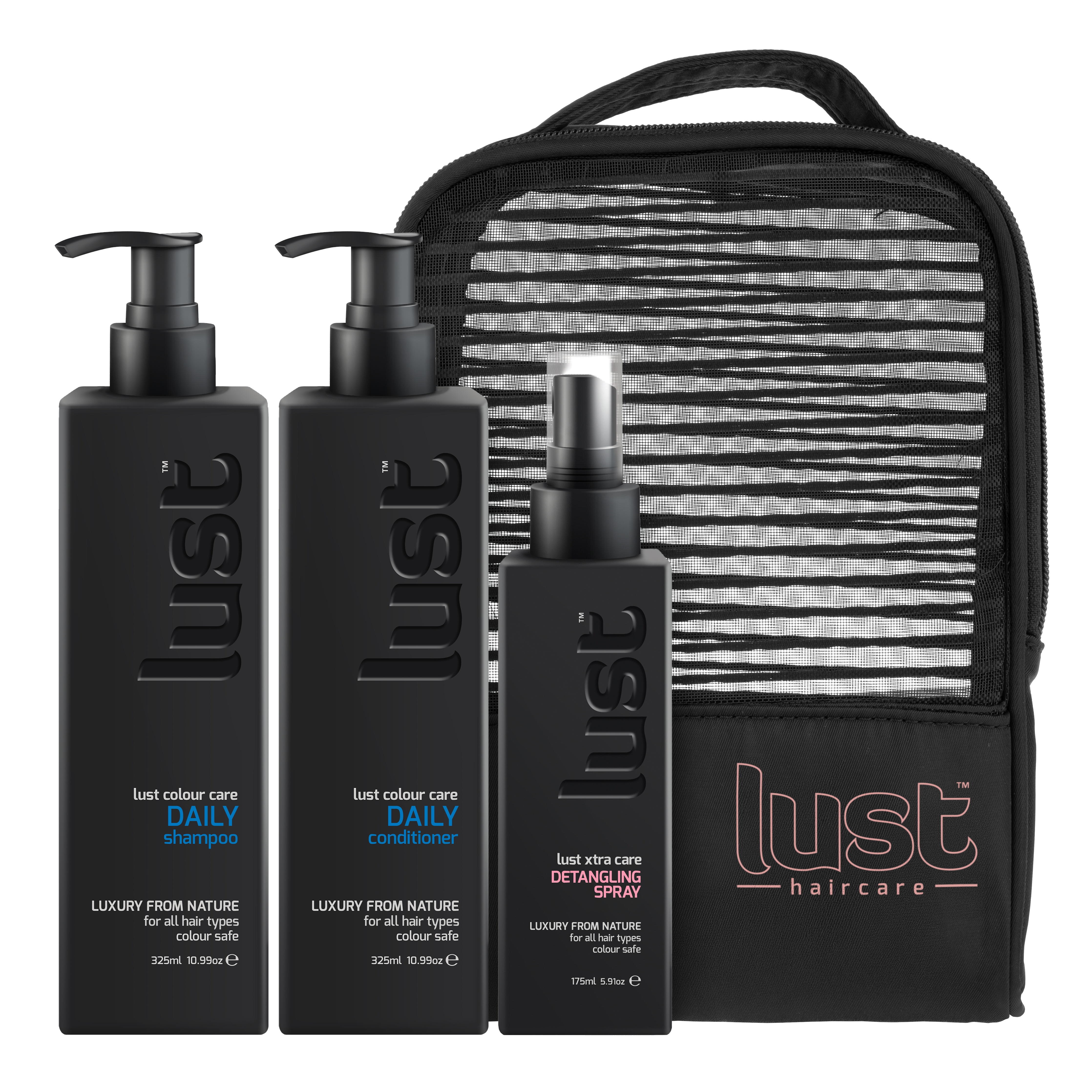 LUST Haircare daily shampoo, conditioner, detangling spray set with zip pouch