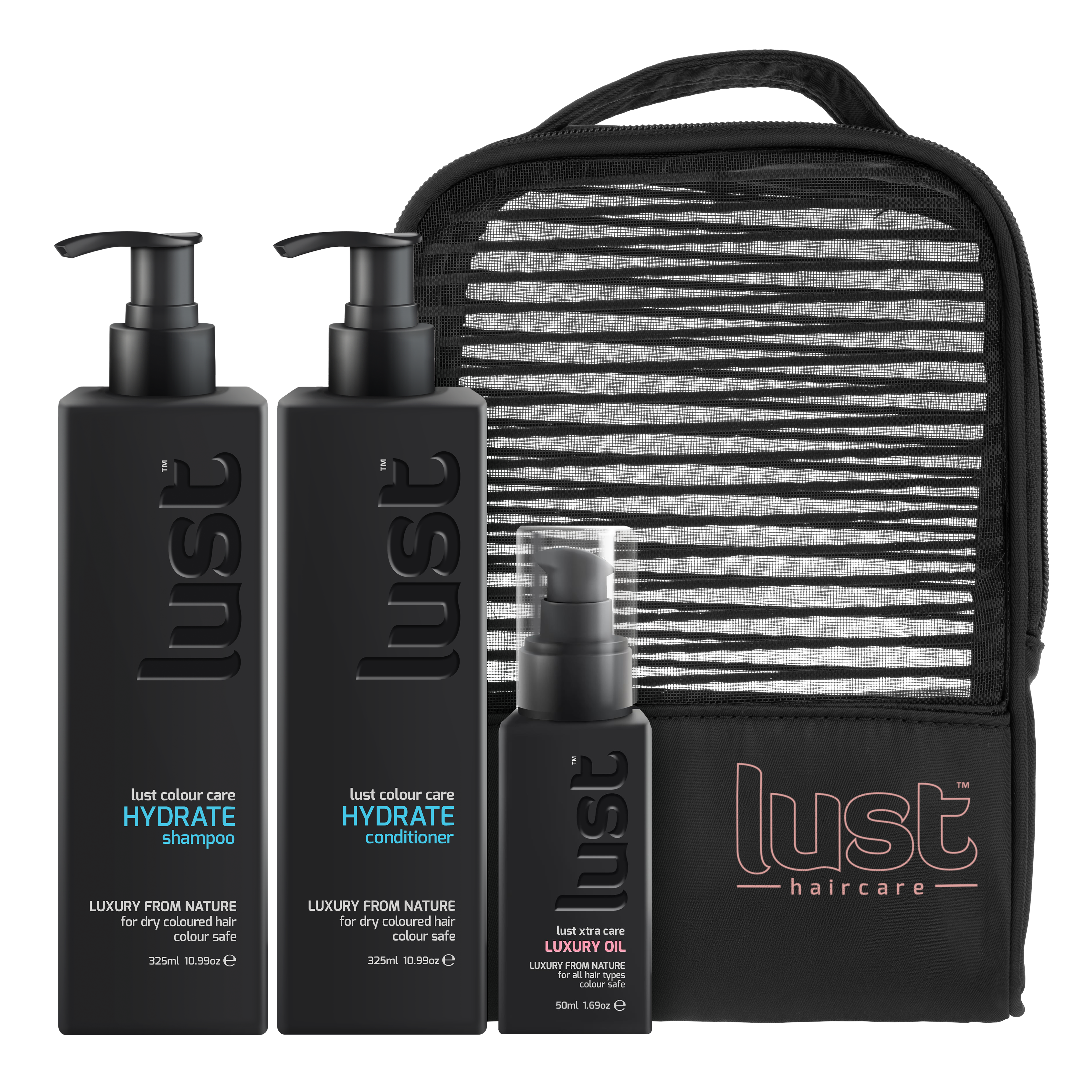 LUST haircare hydrate shampoo, conditioner and luxury oil gift set with striped pouch