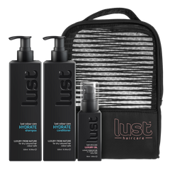 LUST haircare hydrate shampoo, conditioner and luxury oil gift set with striped pouch