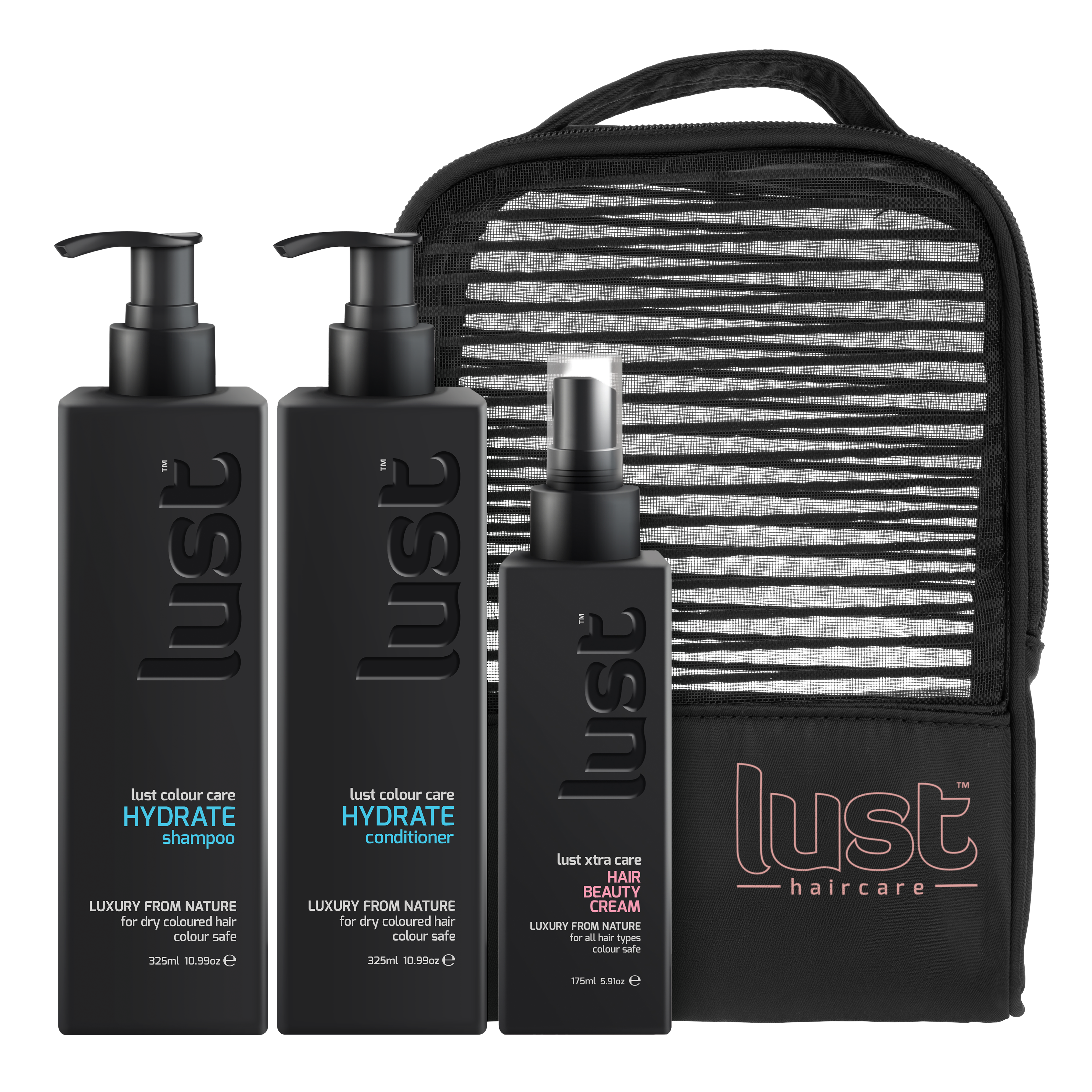 Lust haircare holiday gift set with shampoo, conditioner, beauty cream and striped pouch