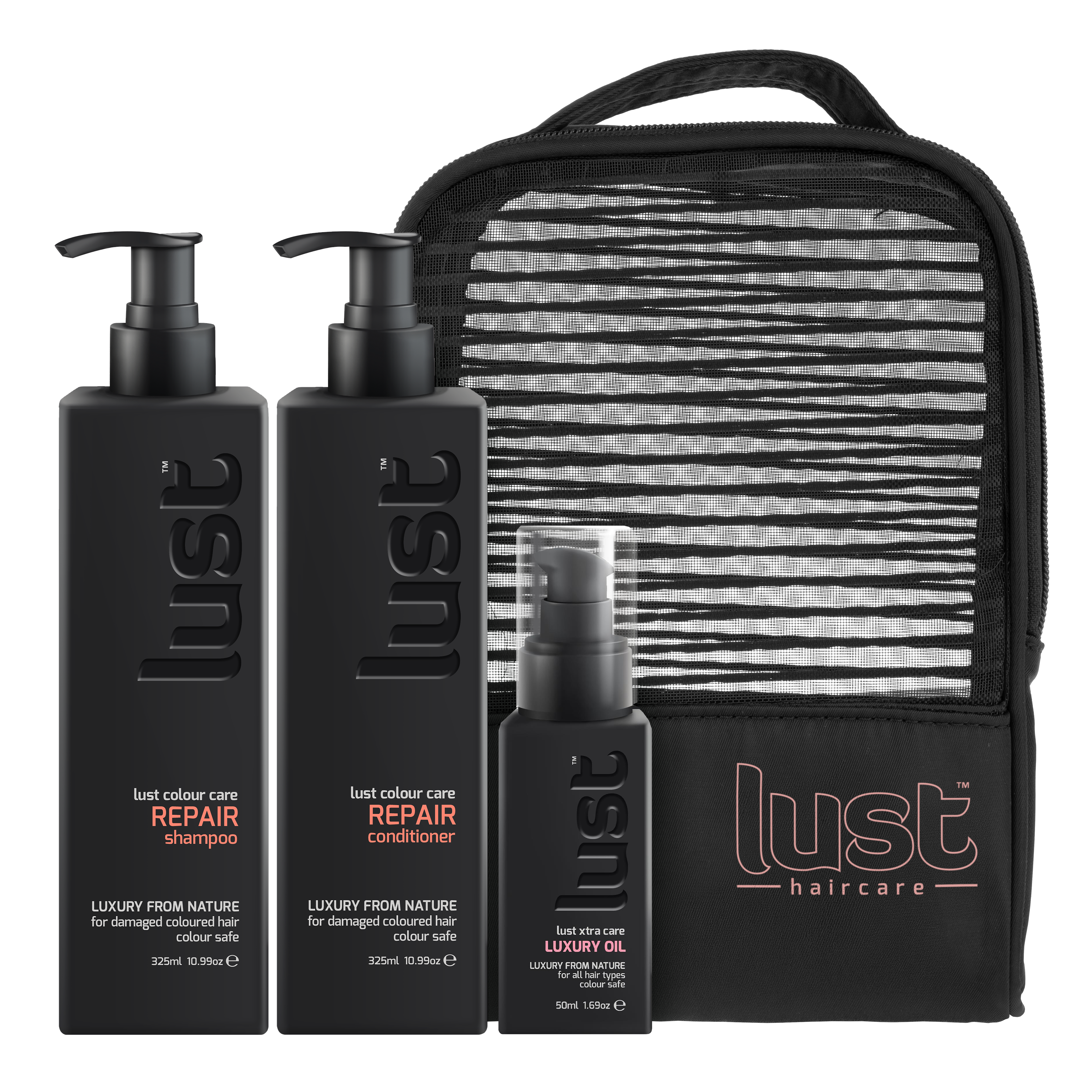 Haircare repair gift set with black shampoo, conditioner, luxury oil bottles and pouch