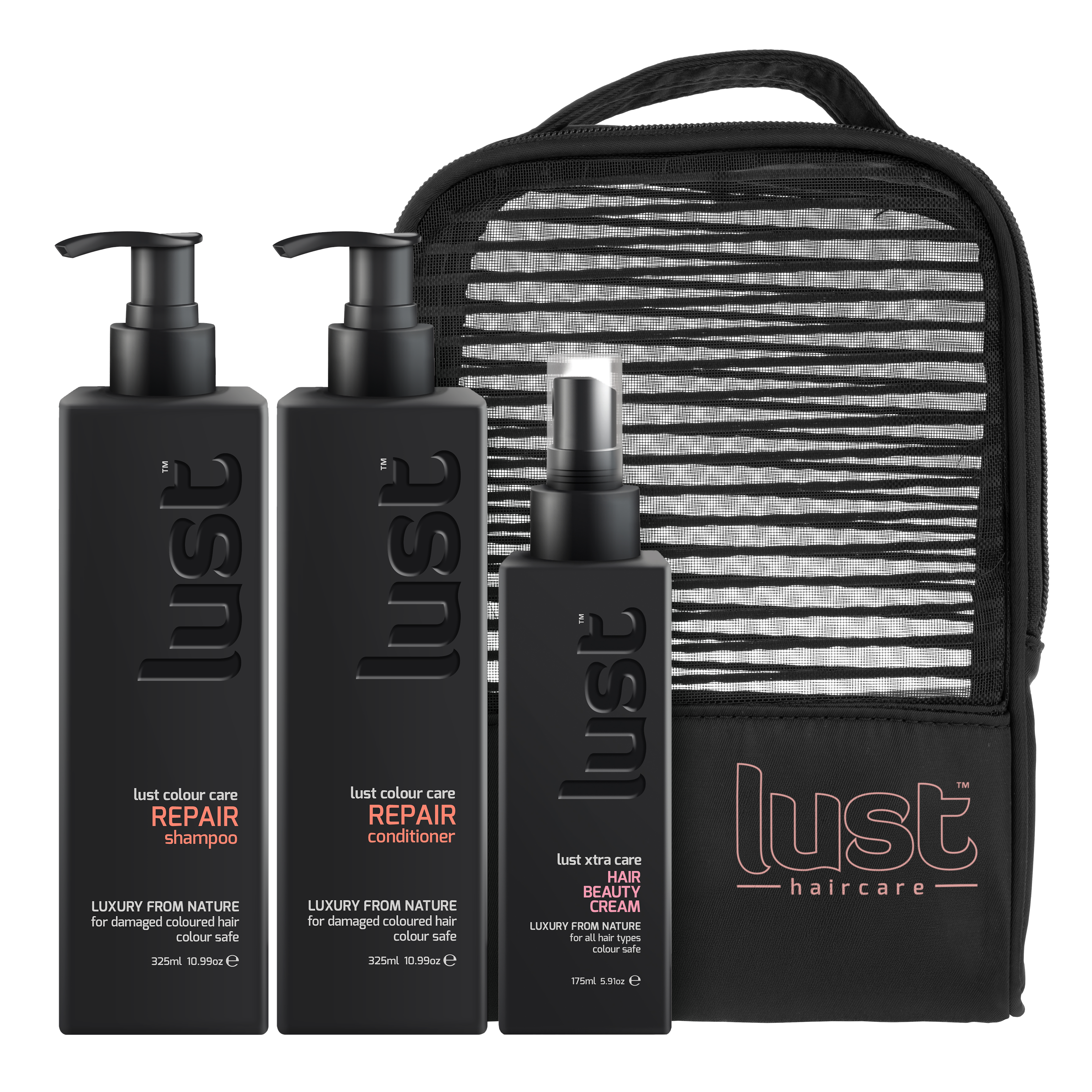 LUST haircare repair haircare gift set with bottles, cream and striped pouch