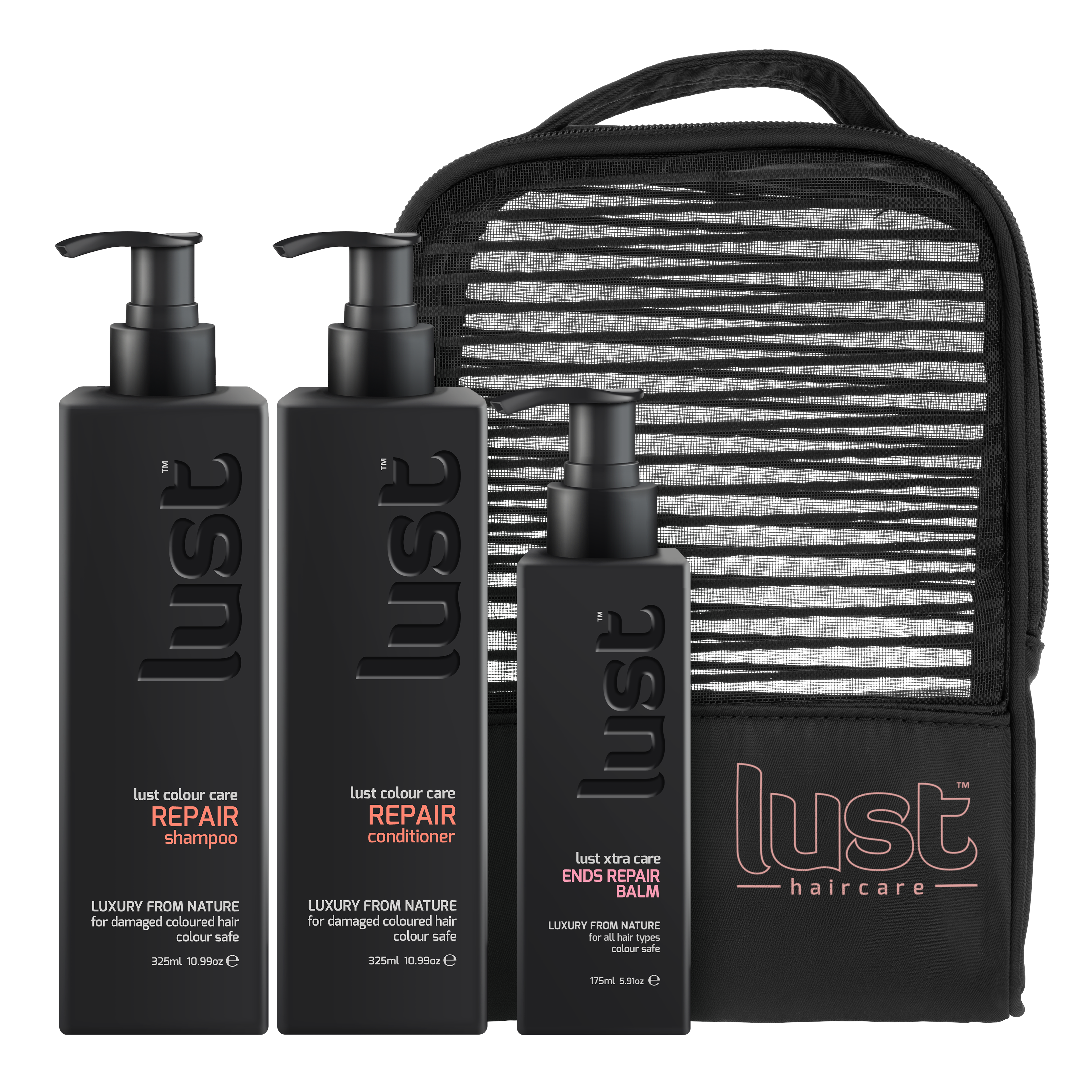 Lust Haircare repair shampoo and conditioner set with ends repair balm and zip pouch