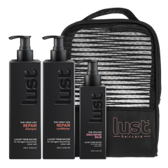 Lust Haircare repair shampoo and conditioner set with ends repair balm and zip pouch