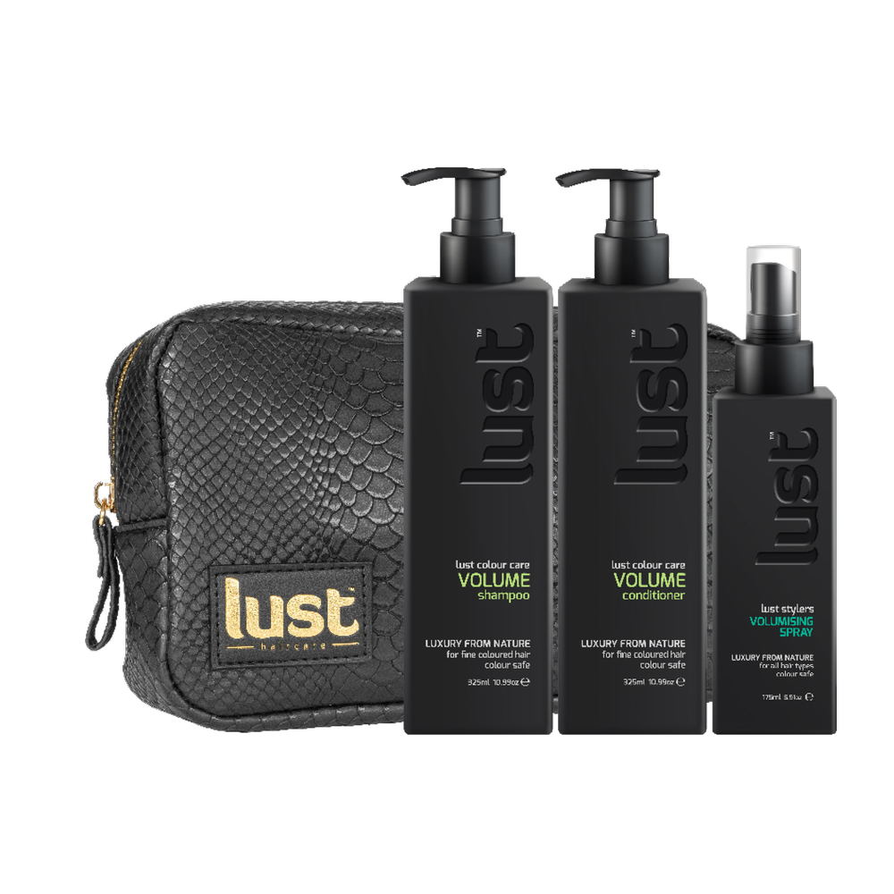 Hair volumizing care set with black Lust VOLUME bottles, spray, and zip pouch