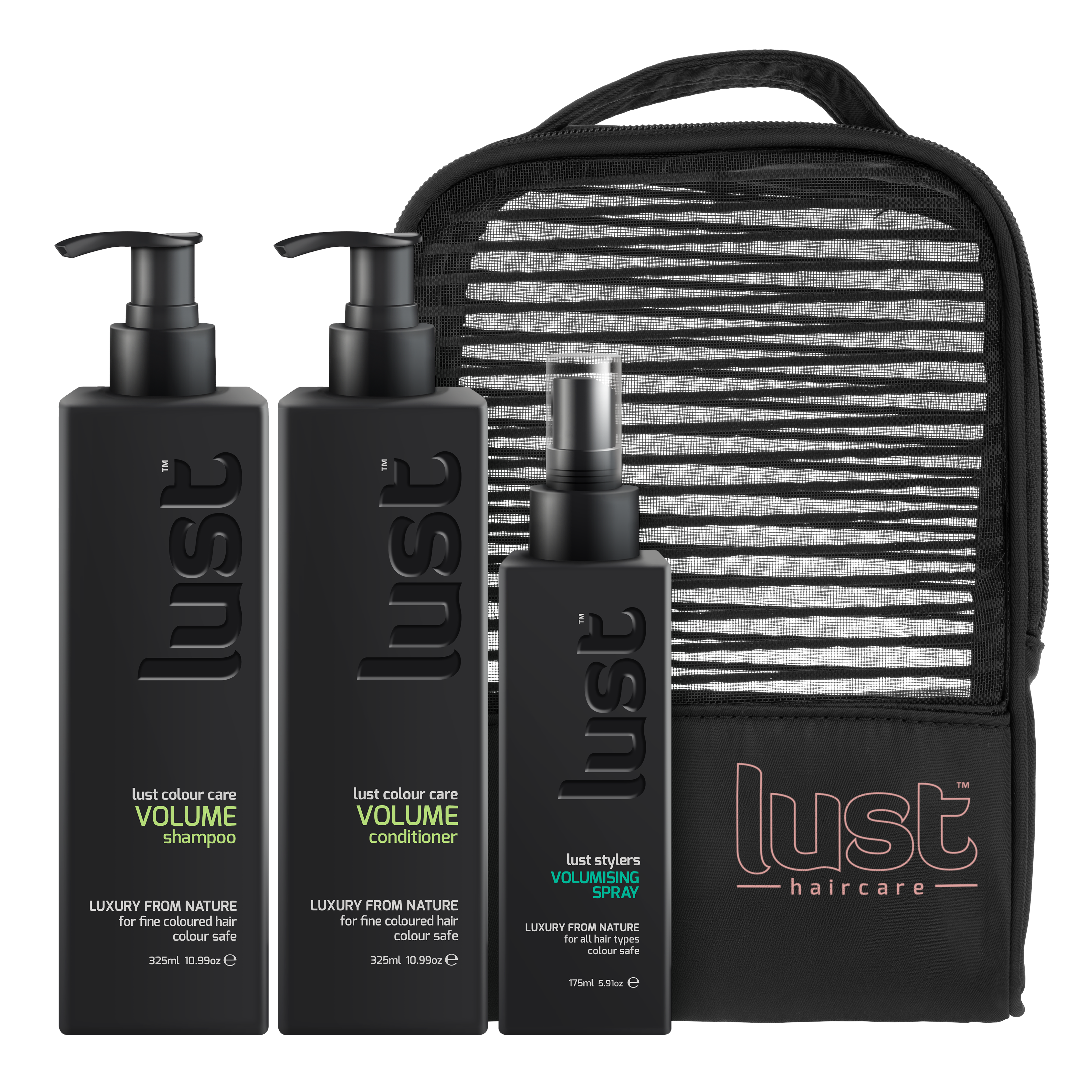 LUST haircare volume shampoo, conditioner, spray set in zip pouch, black bottles