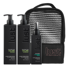 LUST haircare volume shampoo, conditioner, spray set in zip pouch, black bottles