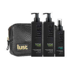 Hair volumizing care set with black Lust VOLUME bottles, spray, and zip pouch