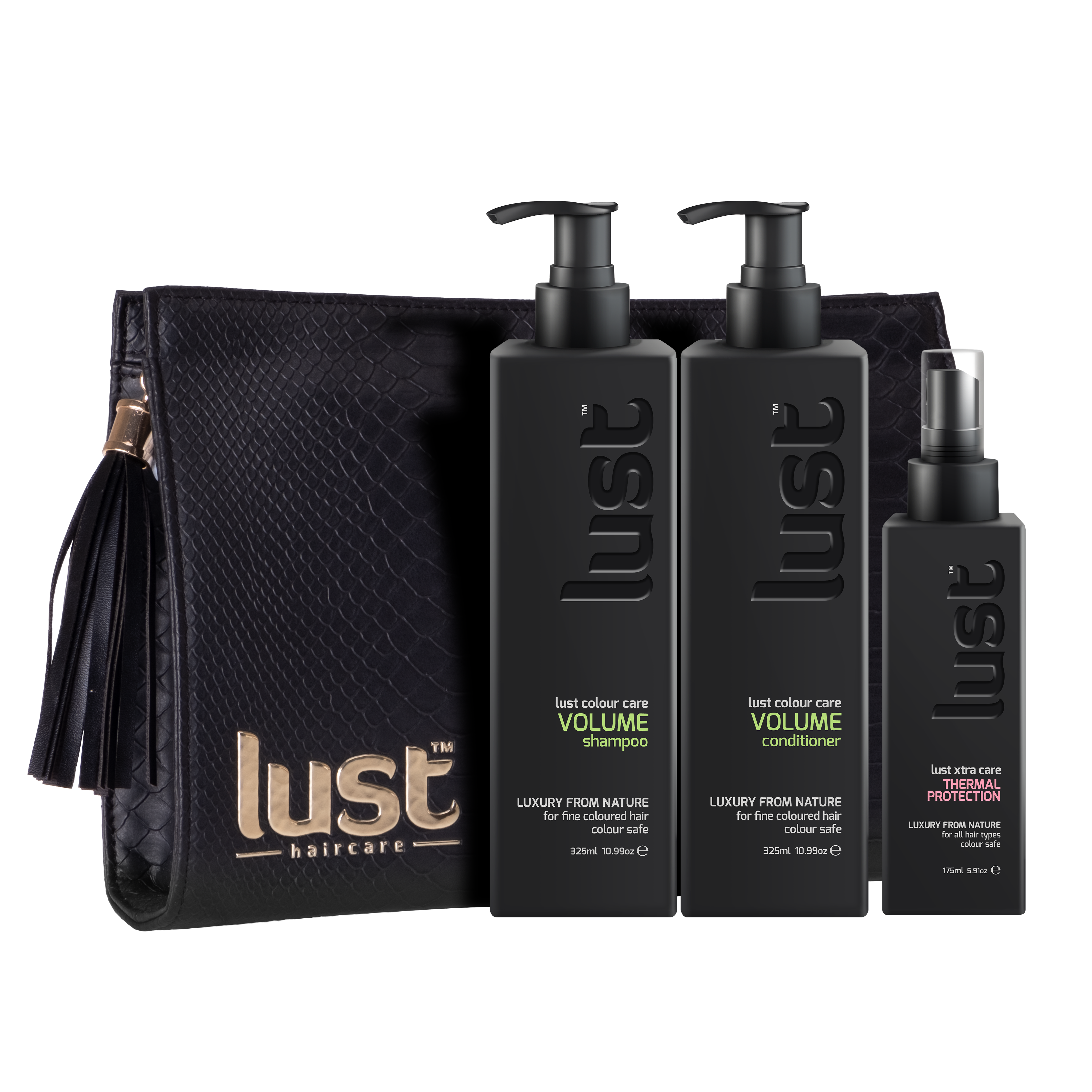 Lust haircare trio pack: volume shampoo, conditioner, thermal protect with pouch