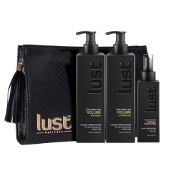 Lust haircare trio pack: volume shampoo, conditioner, thermal protect with pouch