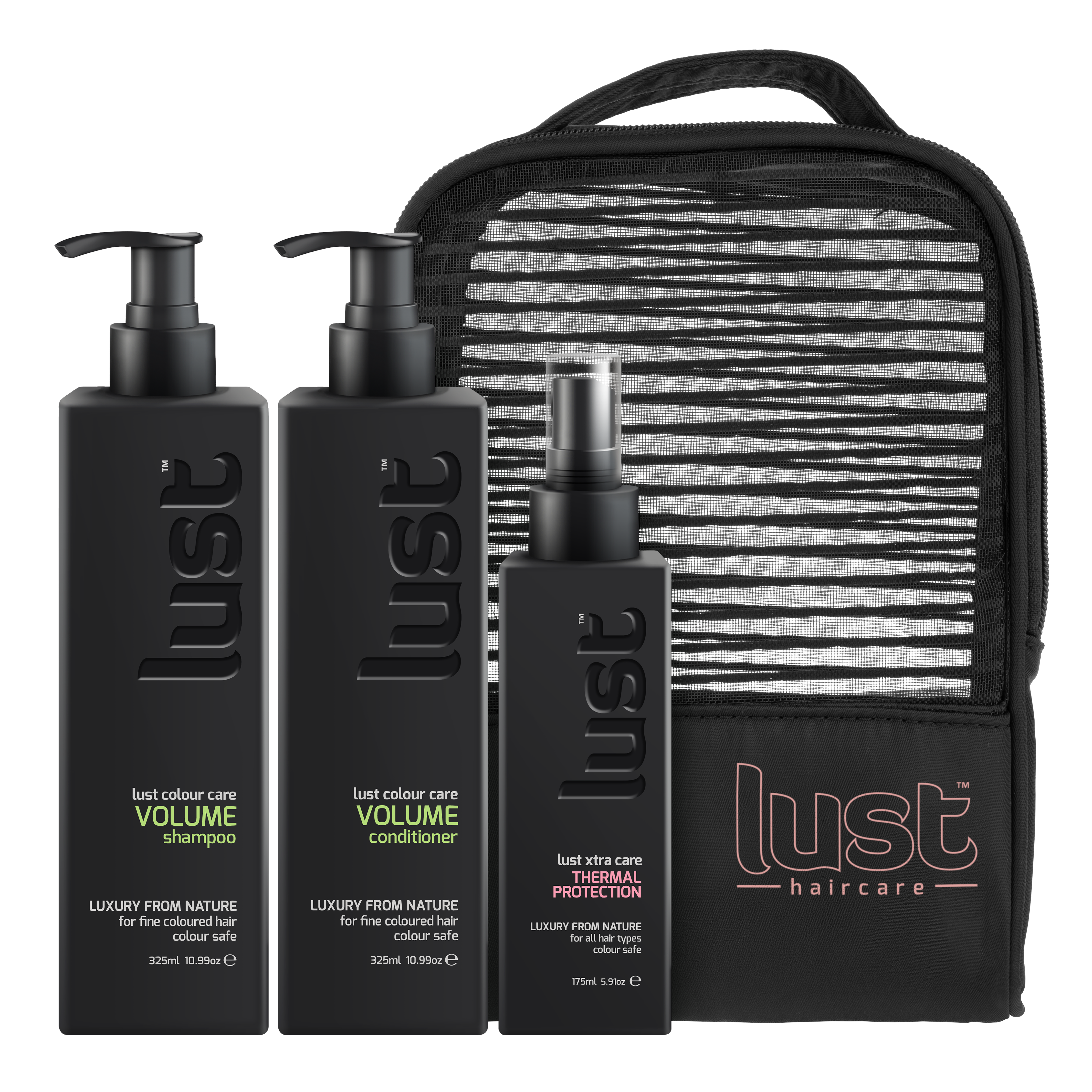 Lust haircare volume shampoo, conditioner, thermal protection set with zip pouch