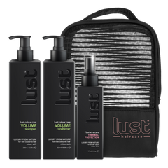 Lust haircare volume shampoo, conditioner, thermal protection set with zip pouch
