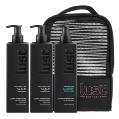 LUST haircare gift set with scalp shampoo, scalp conditioner, body wash bottles and travel pouch