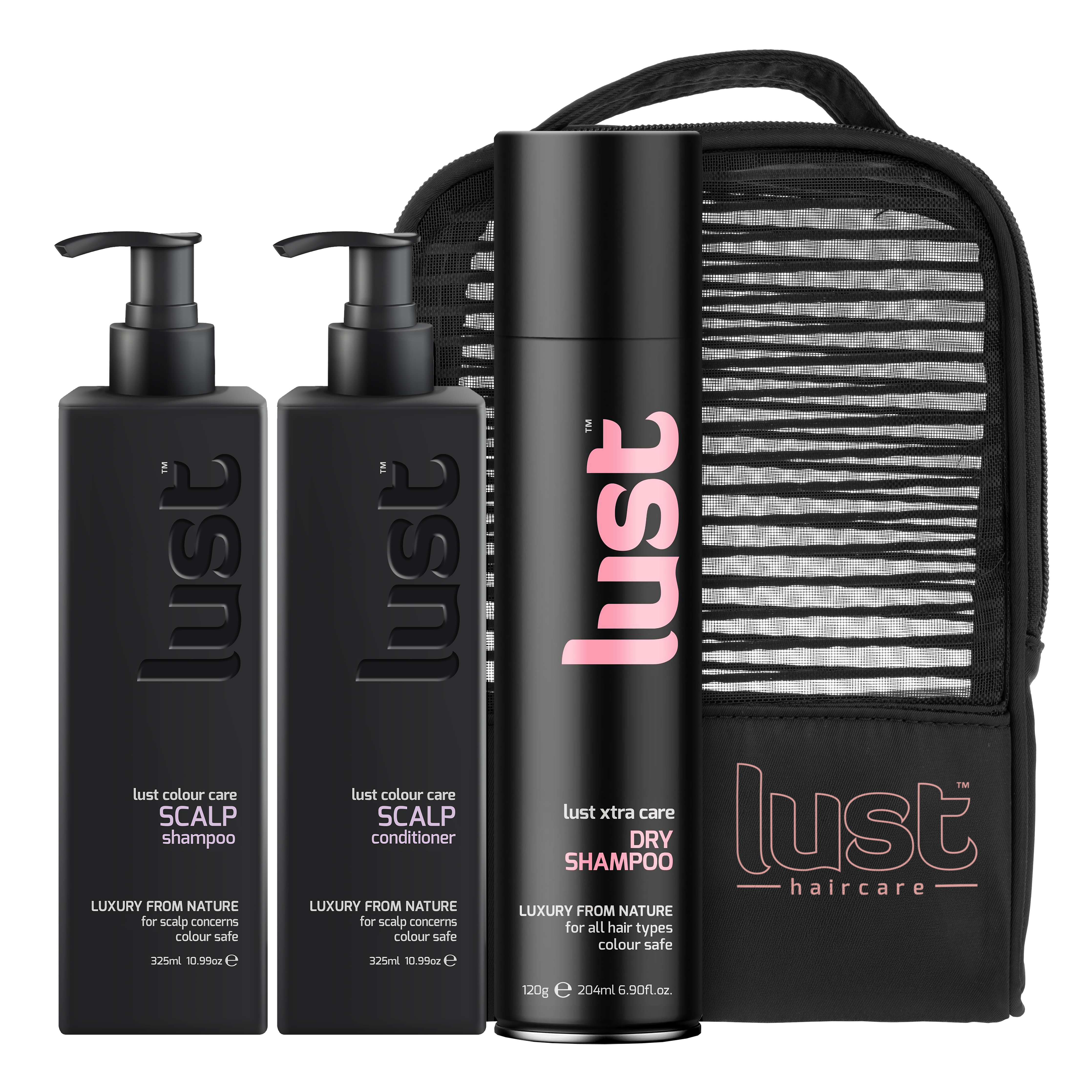Haircare gift set with black bottles, dry shampoo can, and zip pouch