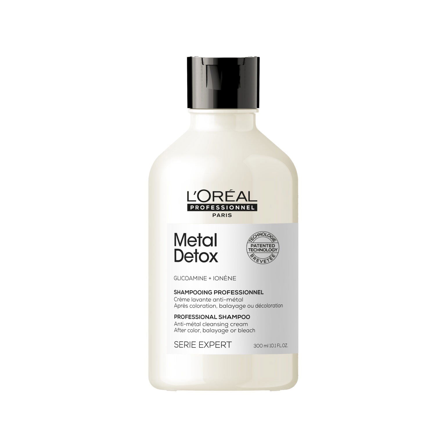 Metal detox shampoo bottle, black cap, cream label, 300 ml