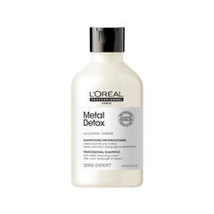 Metal detox shampoo bottle, black cap, cream label, 300 ml
