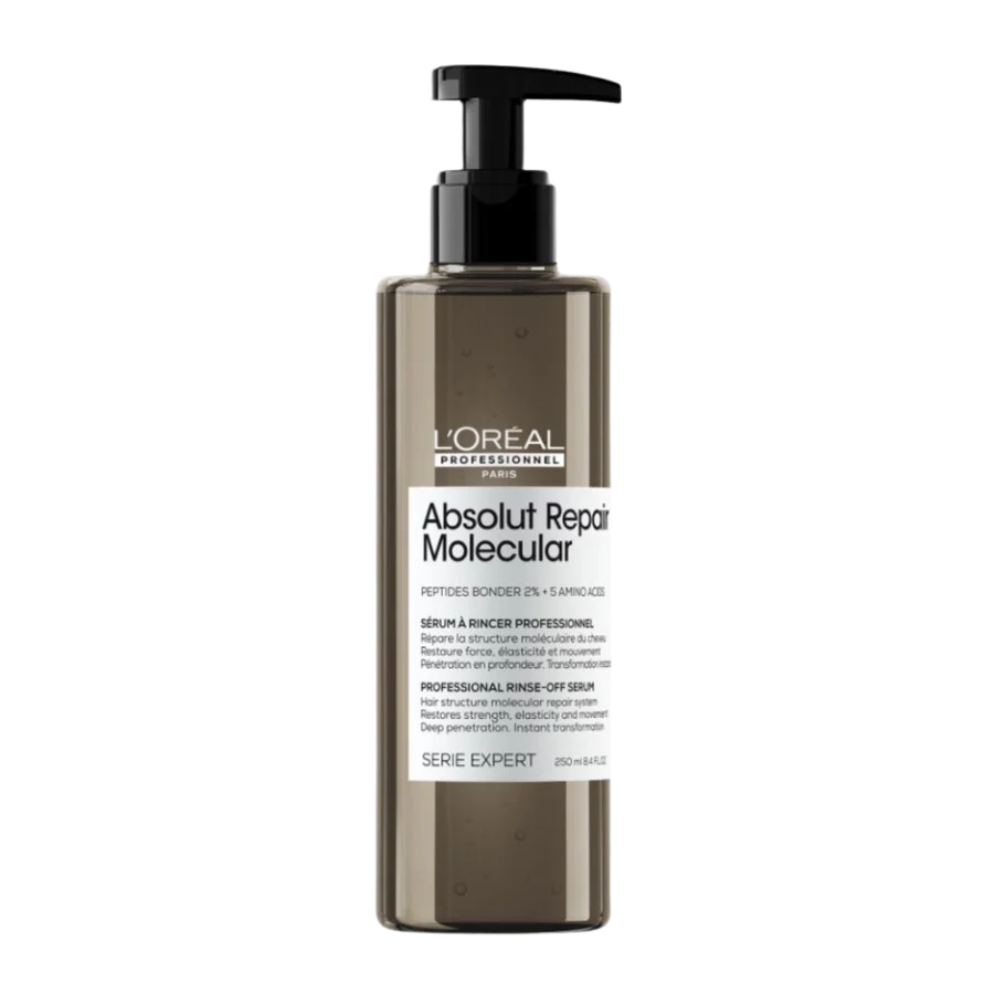 L'Oreal Professionnel Absolut Repair molecular rinse-off serum bottle with black pump, clear amber.