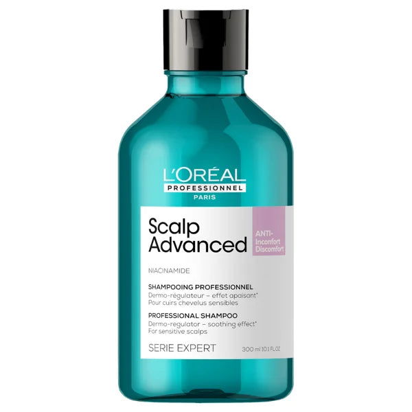 Anti-discomfort scalp shampoo bottle with teal body and silver cap