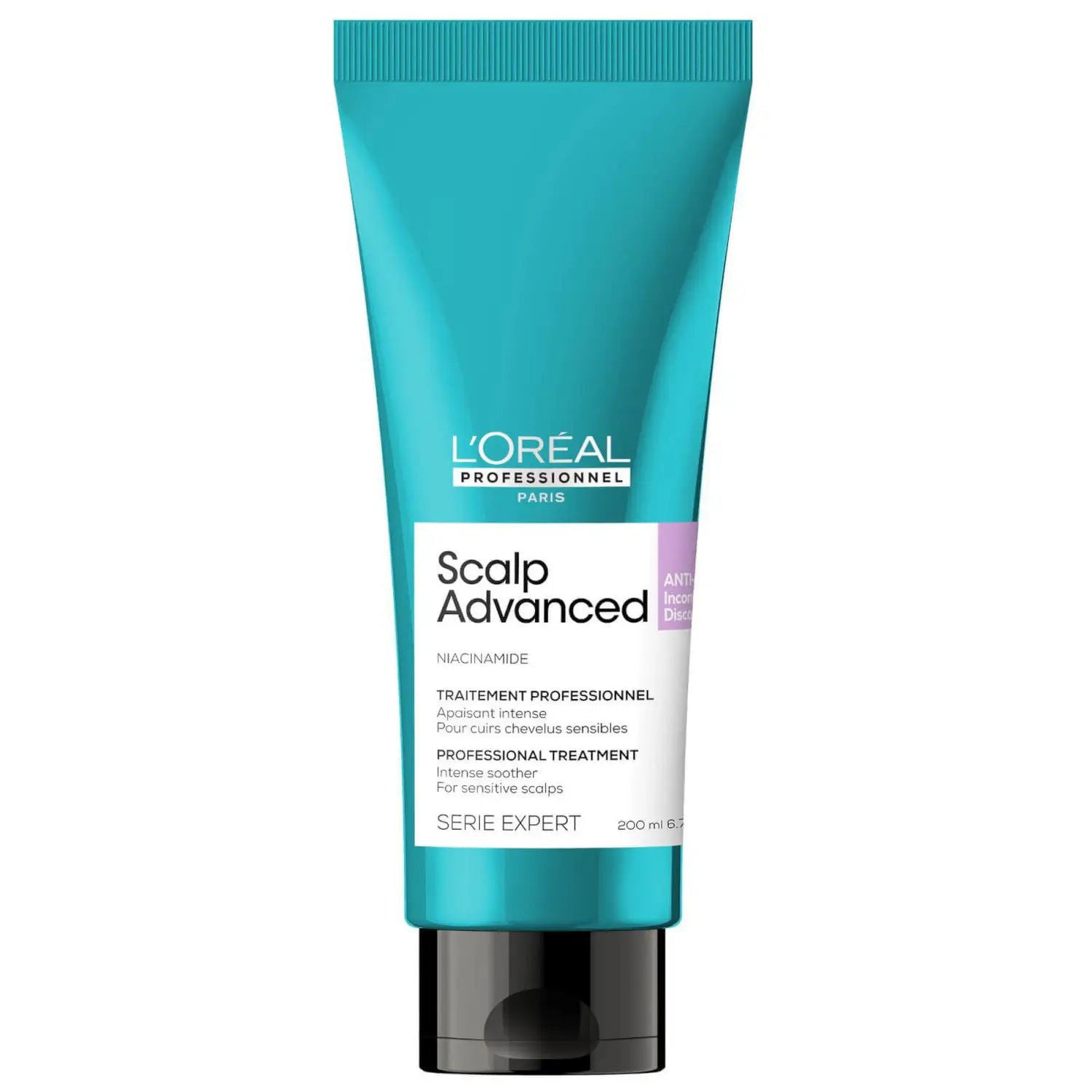 Anti-discomfort soother scalp treatment tube, turquoise with black cap, 200 ml