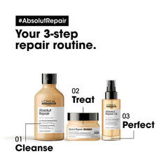 Shampoo bottle and matching hair products in 3-step repair routine graphic