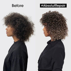 Curly dark hair on two profiles with Before label and #AbsolutRepair tag