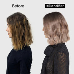 Blondified hair after treatment, shoulder-length light blonde with wavy texture