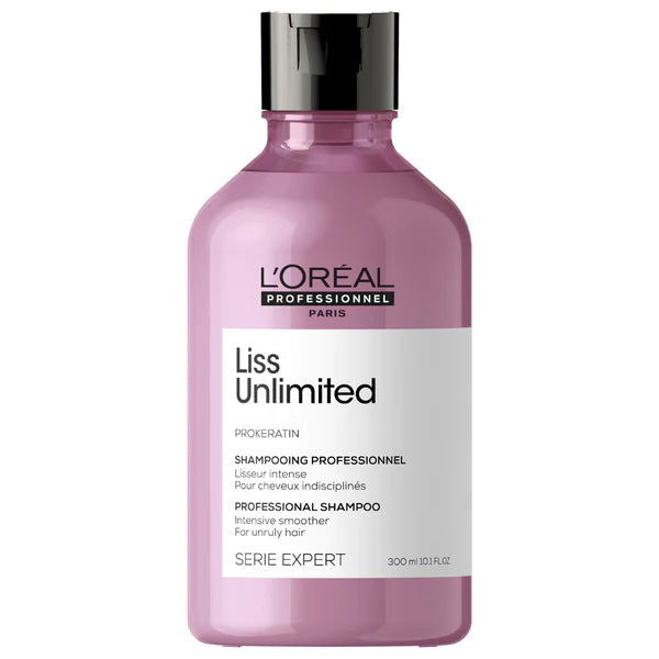 L'Oreal Liss Unlimited shampoo bottle, pink with black cap