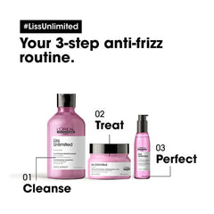 L'Oreal Liss Unlimited anti-frizz shampoo trio: bottle, tub, and travel size
