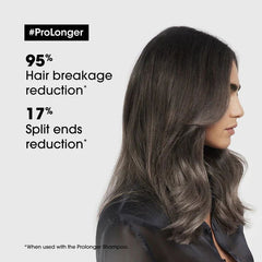 Hair conditioner results, model with long wavy hair side view