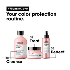Color protection routine set: pink bottle, jar, and small bottles with black caps