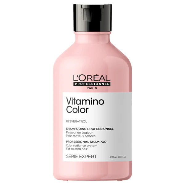 L'Oreal Professionnel Vitamino Color shampoo bottle, pink with black cap