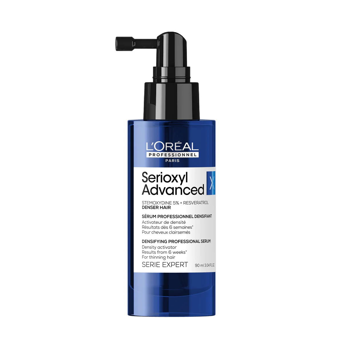 Hair serum bottle with pump, blue label, L'Oreal Serioxyl Advanced