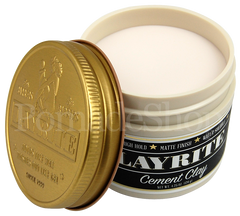 Layrite Cement Clay jar open, gold lid on left, cream-colored clay inside