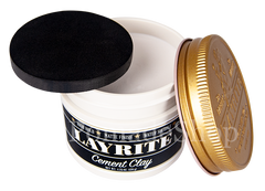 Layrite Cement Clay jar open with black matte lid and gold lid beside