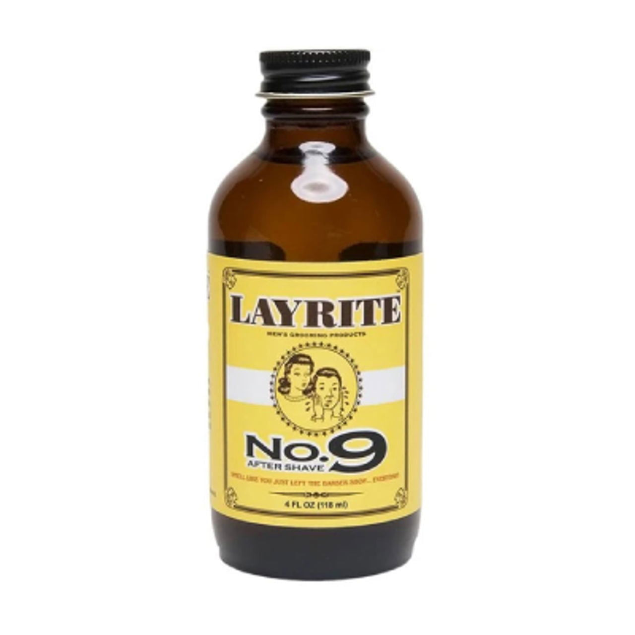 Layrite No. 9 Bay Rum aftershave bottle with amber glass and black cap