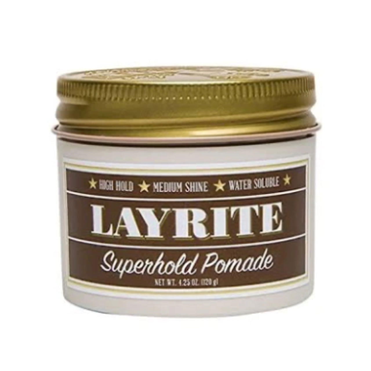 Layrite Superhold Pomade jar with gold lid and brown label, medium shine water soluble
